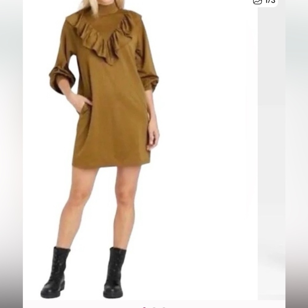 Who What Wear Tan Bishop Sleeve Crew Neck Dress -Preloved